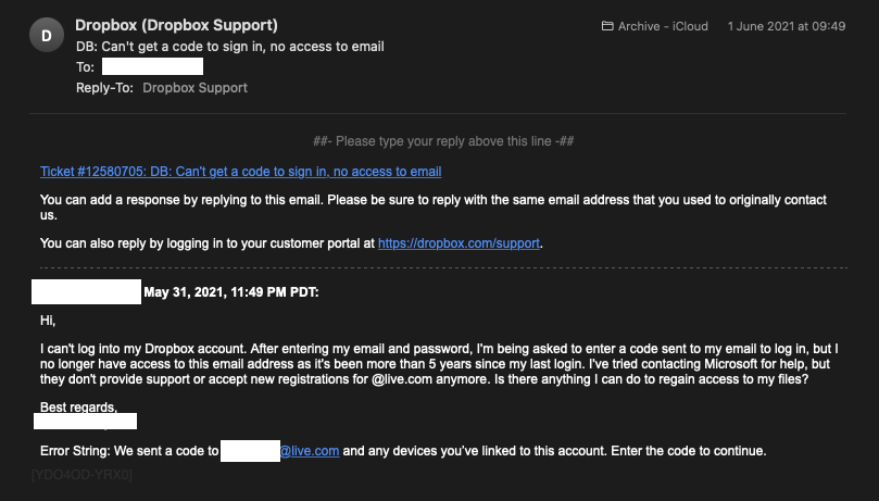 Picture of an automated acknowledgement that my ticket was created
